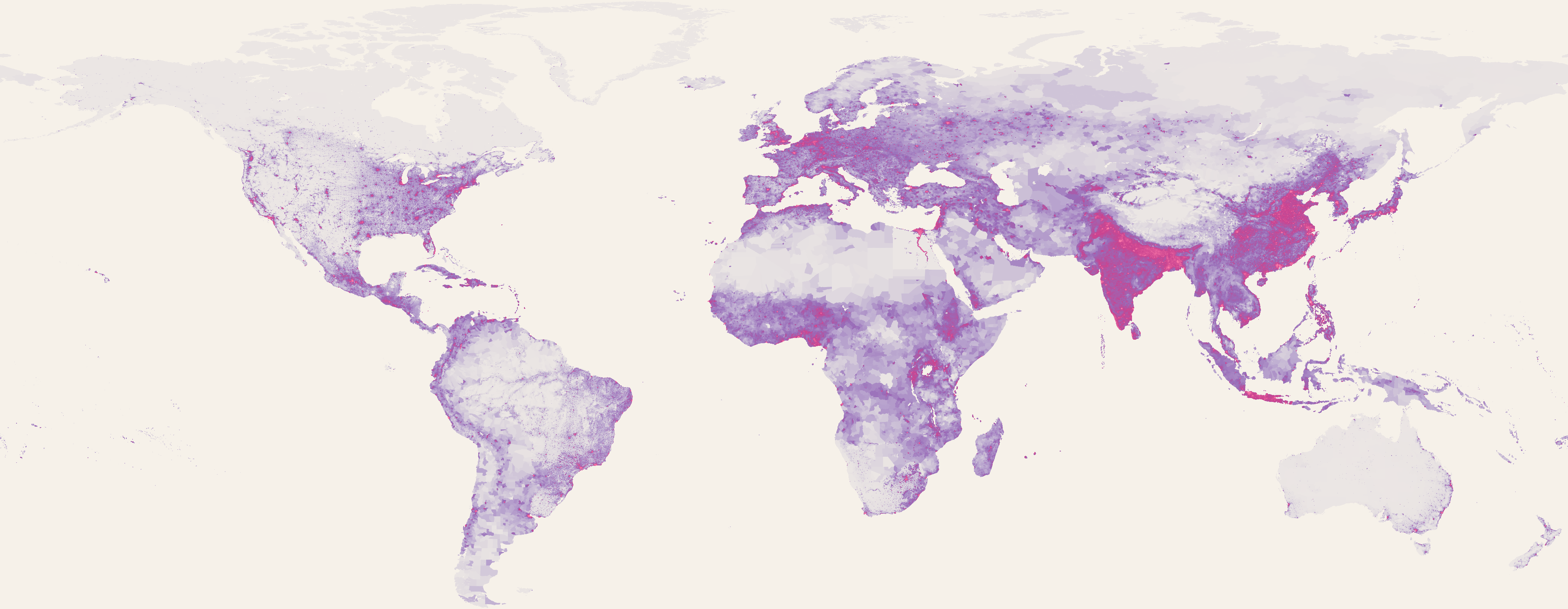Equirectangular world map of population density, 2015. Bright violet-to-magenta marks the densest areas — the Ganges plain, eastern China, Java, the Nile valley, Europe and the US coasts — against a pale cream background where few people live.